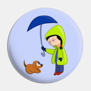 The girl and the dog on a rainy day Pin