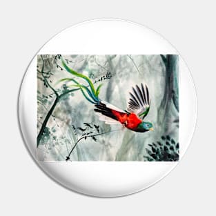 Quetzal Flying in Misty Forest Pin