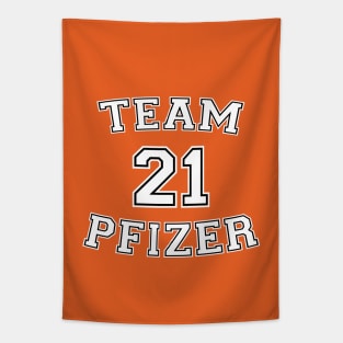 Vaccine pride: Team Pfizer (white college jersey typeface with black outline) Tapestry