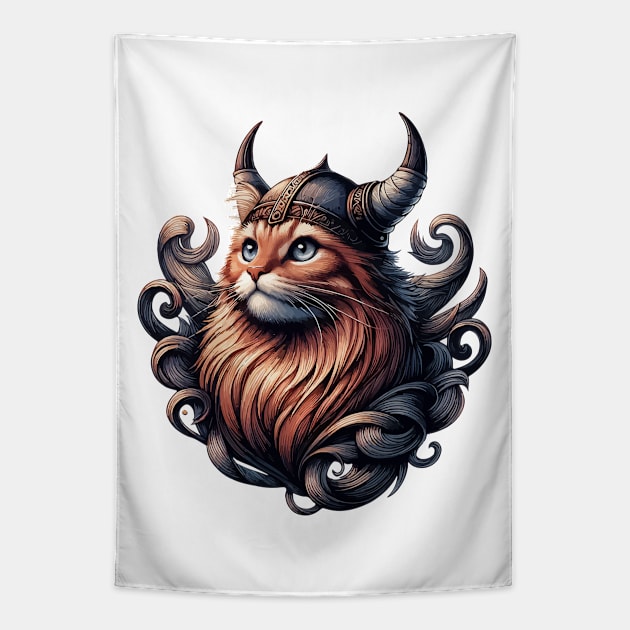 Funny Viking Warrior Cat Norse Mythology Anime Portrait Tapestry by TomFrontierArt