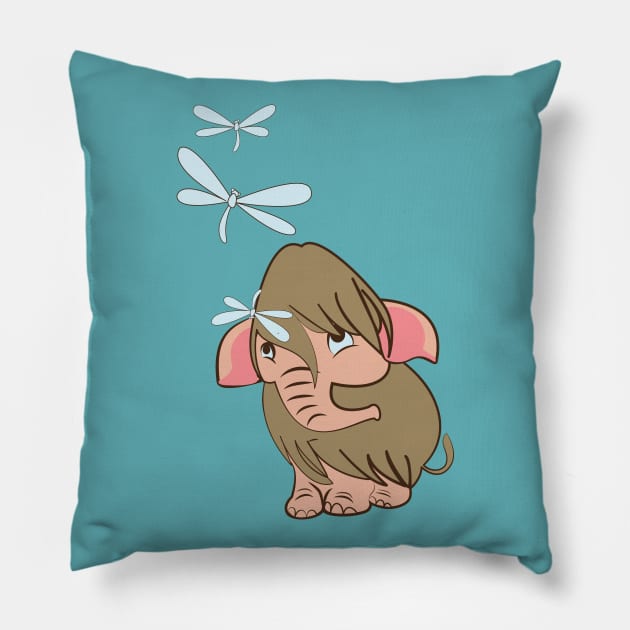 Baby Mammoth playing with dragonflies in blue Pillow by belettelepink