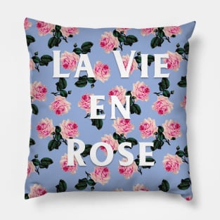 La Vie En Rose on blue - pink scattered vintage roses on blue Pillow