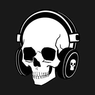 Skull With Headphones, Black and White | Listening Music T-Shirt