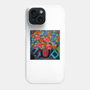 Colorblock layered background and mixed flowers in Bright colors in a vase Phone Case