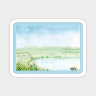country lake with fields and sheeps Magnet