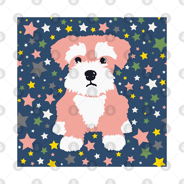 Pink Miniature Schnauzer and Stars on Blue Background by NattyDesigns