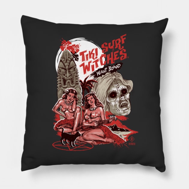 Tiki Surf Witches Want Blood Pillow by Steven Rhodes