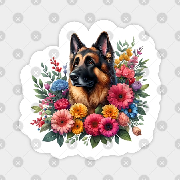 A German shepherd with beautiful colorful flowers Magnet by CreativeSparkzz