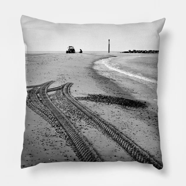 Tractor tracks in the sand on the beach at Sea Palling, Norfolk, UK Pillow by richflintphoto
