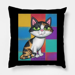 Cute Calico Kitty with Multi Colored Squares Pillow