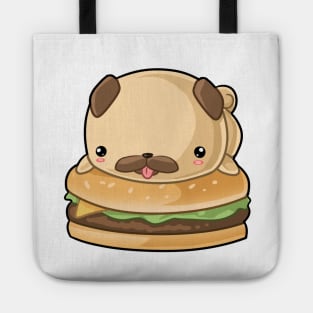 Kawaii pug dog sitting on burger Tote