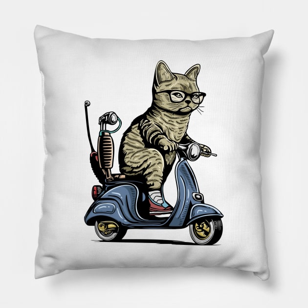 Cat With Sunglasses Riding Motorcycle and Driving Scooter Pillow by eijainspire