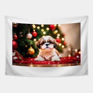 Shih Tzu Puppy by Christmas Tree in Holiday Studio Scene Tapestry