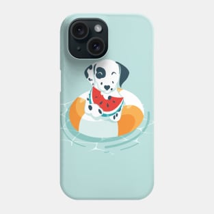 Summer pool pawty // aqua background Dalmatian dog breed in vacation playing on swimming pool Phone Case