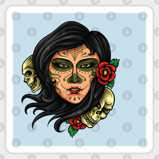 Day Of The Dead Painted Woman With Skulls Design Day Of The Dead Sticker Teepublic