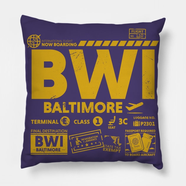 Vintage Baltimore BWI Airport Code Travel Day Retro Travel Tag Gold Pillow by Now Boarding