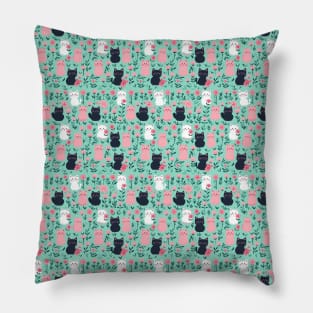 Cute Cats and Flowers Pattern: Pink and Mint Pillow