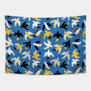 Yellow Black And White Abstract Birds Tapestry