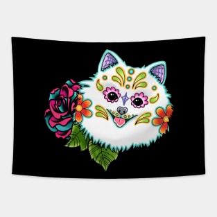 Pomeranian in White - Day of the Dead Sugar Skull Dog Tapestry