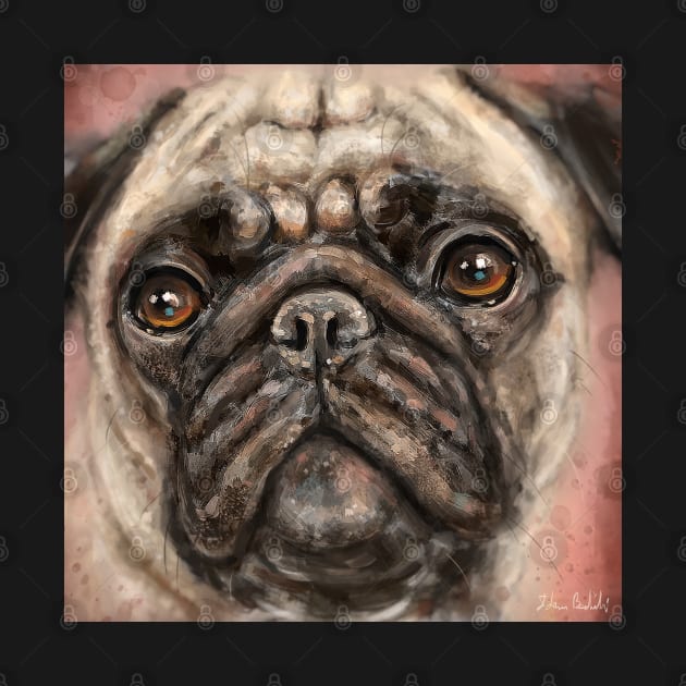 Close Up Painting of a Pug with its Gorgeous Orange Eyes and Expression on Red Background by ibadishi