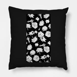 black and white peony lineart Pillow