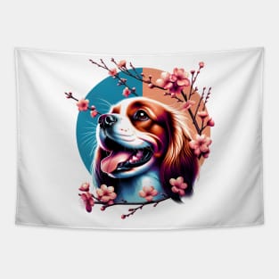 Joyful French Spaniel with Spring Cherry Blossoms Tapestry