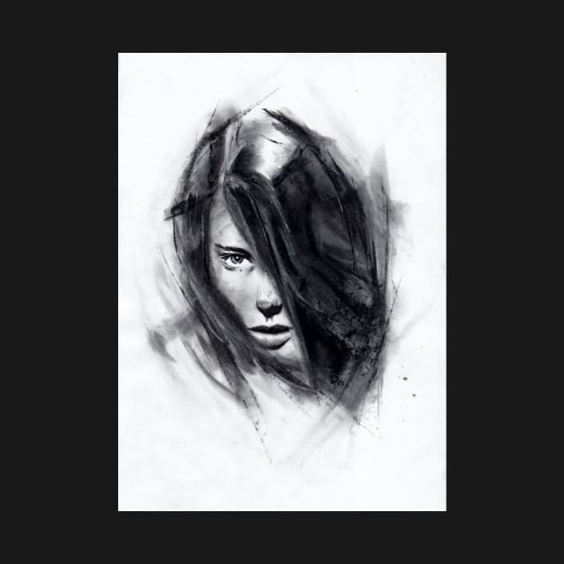 charcoal drawing of girl hiding behind her hair by stoekenbroek