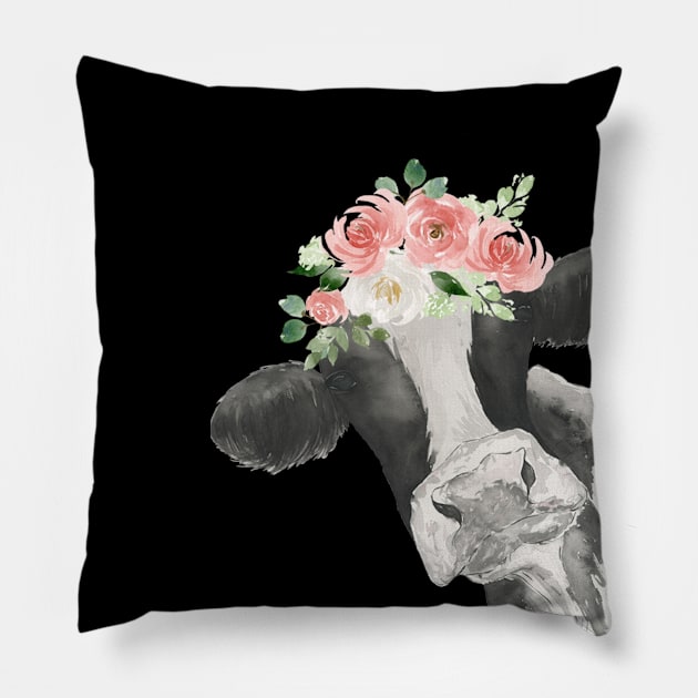 Watercolor Cow with Floral Crown Pillow by Vera Ann