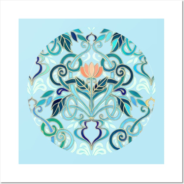 Ocean Aqua Art Nouveau Pattern with Peach Flowers