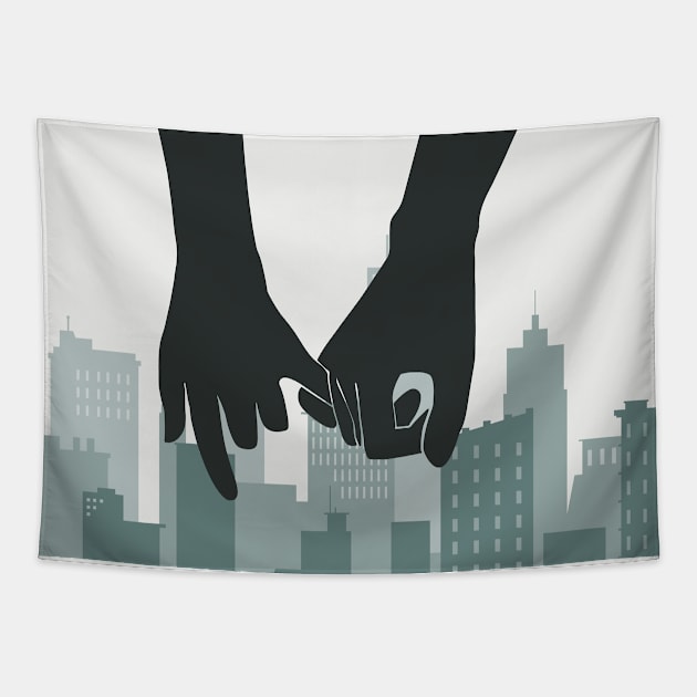 Couple pinky promise cityscape, two lovers hand holding while traveling, gradient green background Tapestry by Modern Art