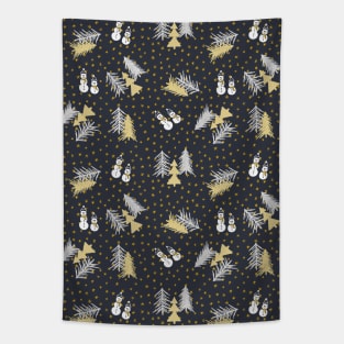 Christmas Trees, Snowman Pattern - Midnight Blue Tapestry