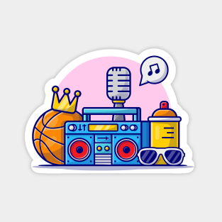 Hip Hop Music with Basketball, Boombox, Glasses, Crown and Microphone Cartoon Vector Icon Illustration Magnet