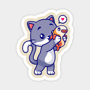 Cute Cat Holding Fish Cartoon Magnet