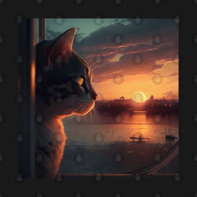 Design of a grey cat watching a sunset in Mexico by DreamMeArt