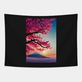 Mount Fuji with a sakura tree at sunset Tapestry