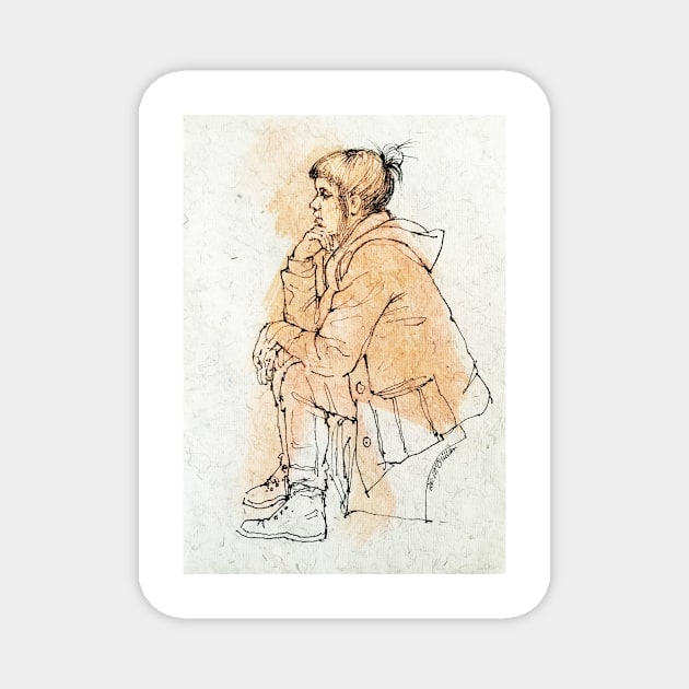 Girl in a duffel coat ~ink drawing Magnet by rozmcq