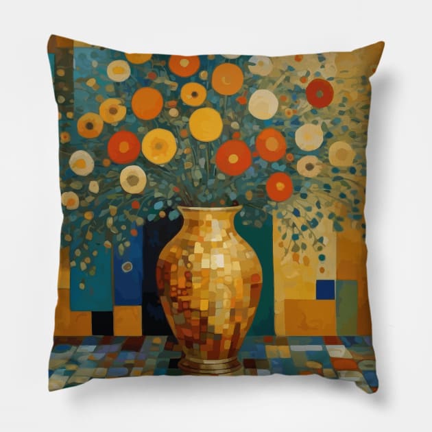 Colorful Abstract Flowers After Klimt in a Geometric Gold Vase Pillow by bragova