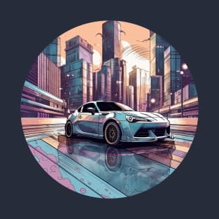 Toyota GT 86 inspired car in front of a modern city skyline colorful T-Shirt