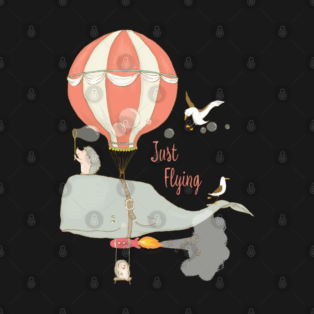 Just Flying - Whimsical Cartoon Whale with Animal Friends by Lucia