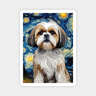 Cute Shih Tzu Dog Breed Painting in a Van Gogh Starry Night Art Style Magnet