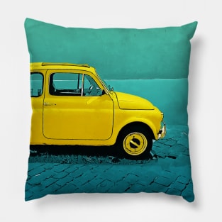 Classic yellow Fiat 500 on an aqua street Pillow