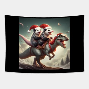 Two Santa opossums on an adventurous dinosaur trex ride Tapestry