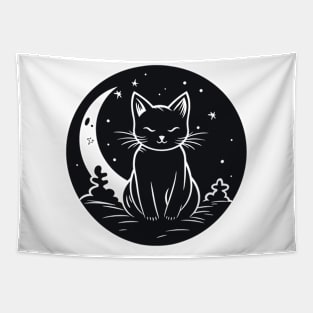 Cat Under Moon Sky Furry Cute Vector Graphic Tapestry