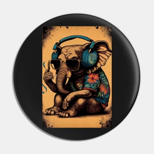 Psychedelic Elephant wearing headphones, sunglasses, and Hawaiian shirt Pin