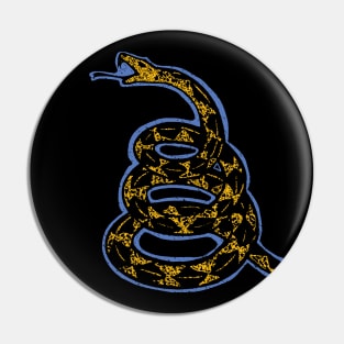 Distressed Denim Blue and Banana Yellow 80s Retro Gadsden Snake on Maroon Default background Pin