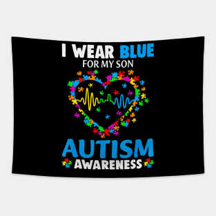 I Wear Blue For My Son Autism Awareness day Mom Dad Parents Tapestry