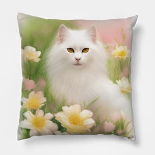 Longhaired White Cat in the Flower Garden Soft Pastel Colors Pillow