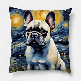 French Bulldog Dog Breed in a Van Gogh Starry Night Art Style Pillow