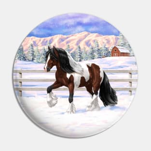 Bay Brown Pinto Skewbald Gypsy Vanner Draft Horse Trotting in Snow Pin