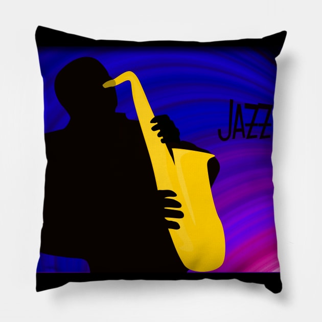 Silhouette of a Jazz Saxophone Player, Purple Blue Background Pillow by ibadishi